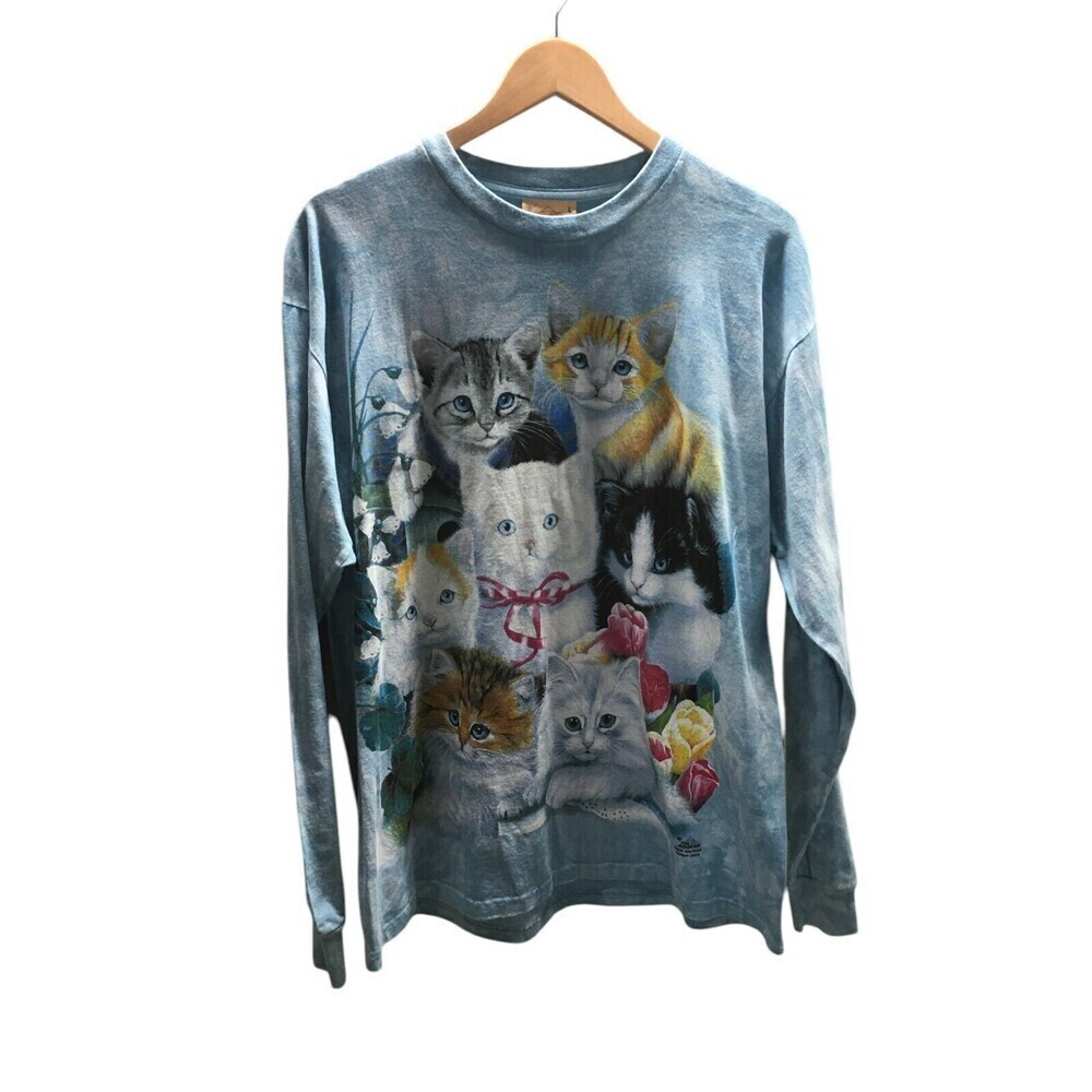 The Mountain Shirt Women's Size Large Blue 100% Cotton Kittens Cats Long Sleeve